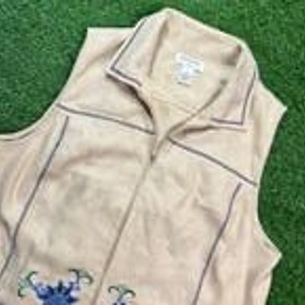 Bechamel Vest 1X Tan Faux Suede Western Floral Embroidered Zip Up VTG Boho